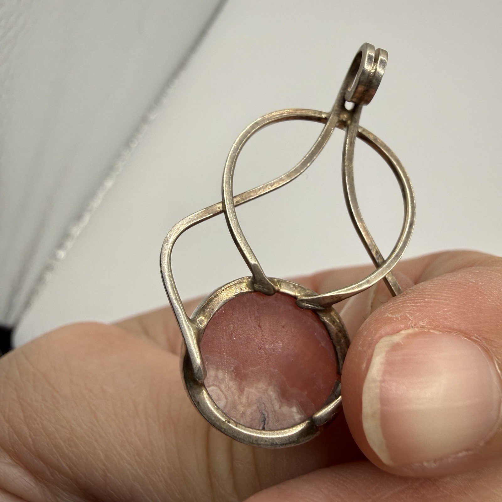 Vintage Sterling Silver Pink Stone Pendant Necklace 1.5”