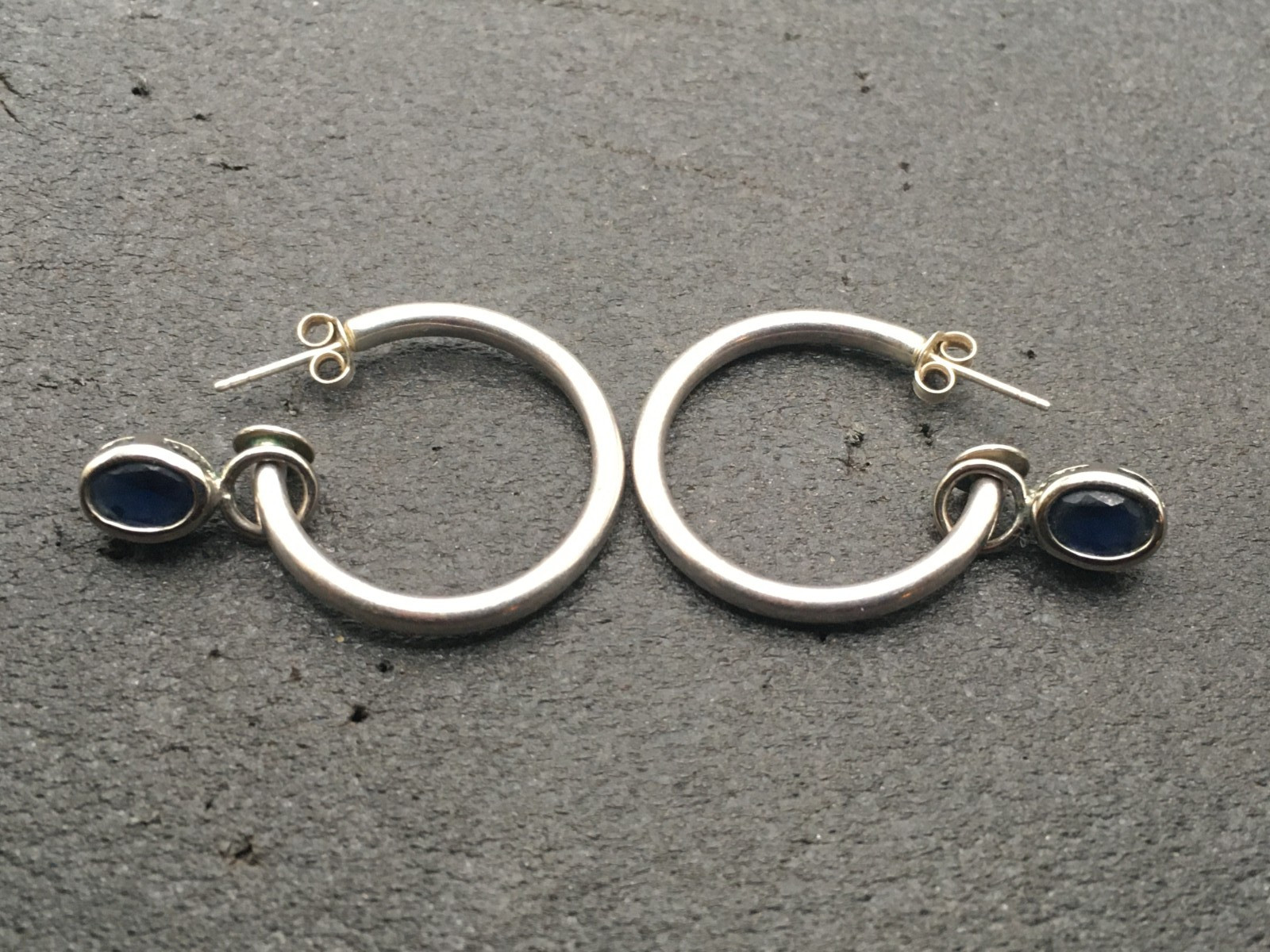 Vintage NF .925 Sterling Silver Hoop Blue Stone Post Dangle Drop Earrings