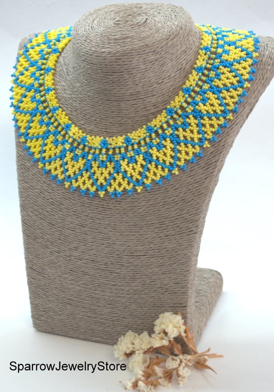 Blue yellow seed bead choker Czech glass bohemian necklace Ukrainian sylianka