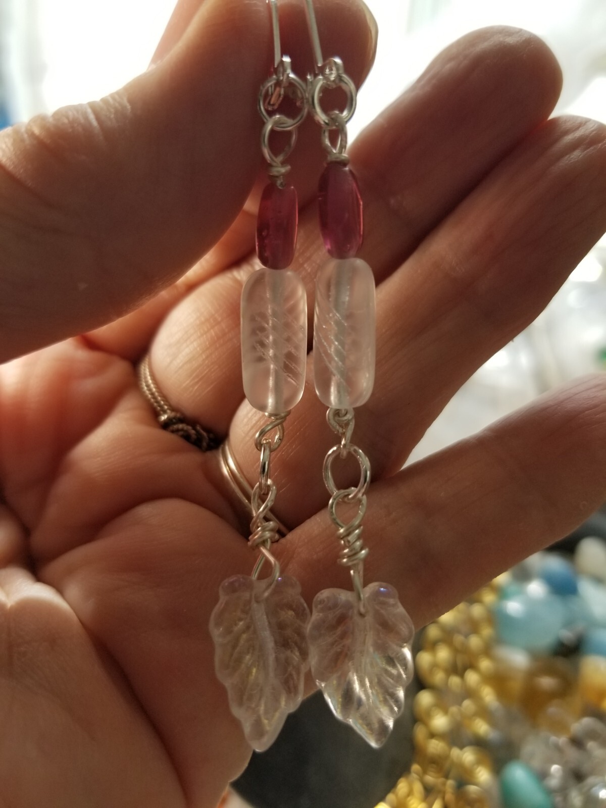 Carved frosted quartz lozenge an leaf 80 yrs. beads Japan fushia drop earrings