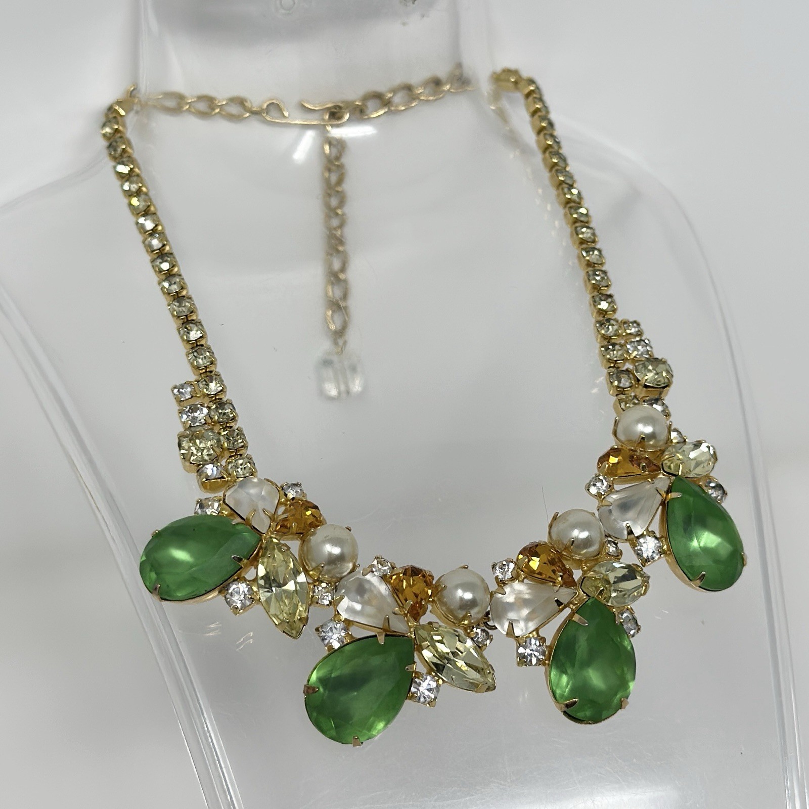Vintage Czech Crystal Collar Necklace Green Yellow Imitation Pearl Statement 17”