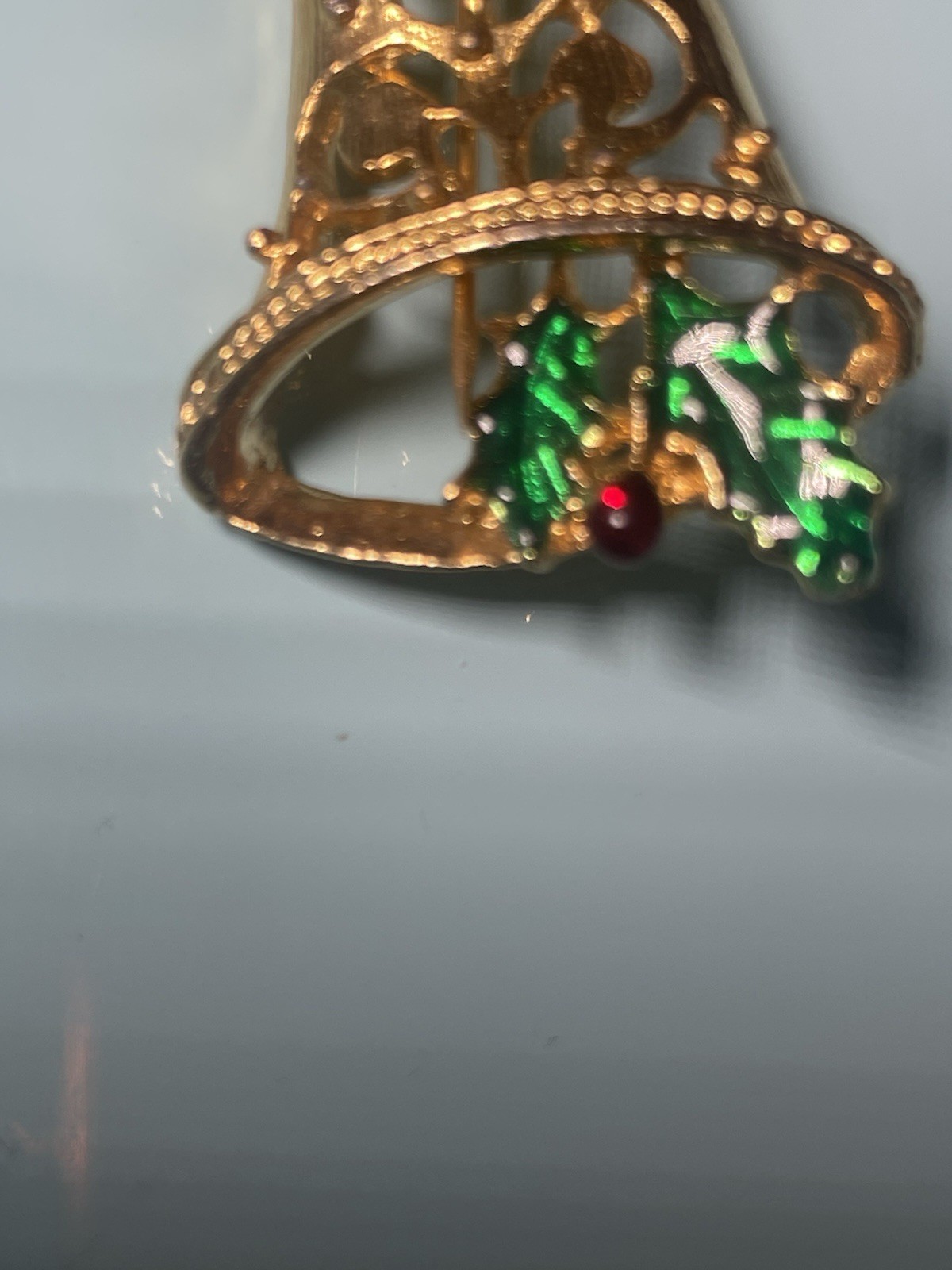 Vintage Christmas Bell Brooch Gold Tone Green Enamel Holly Red Rhinestone