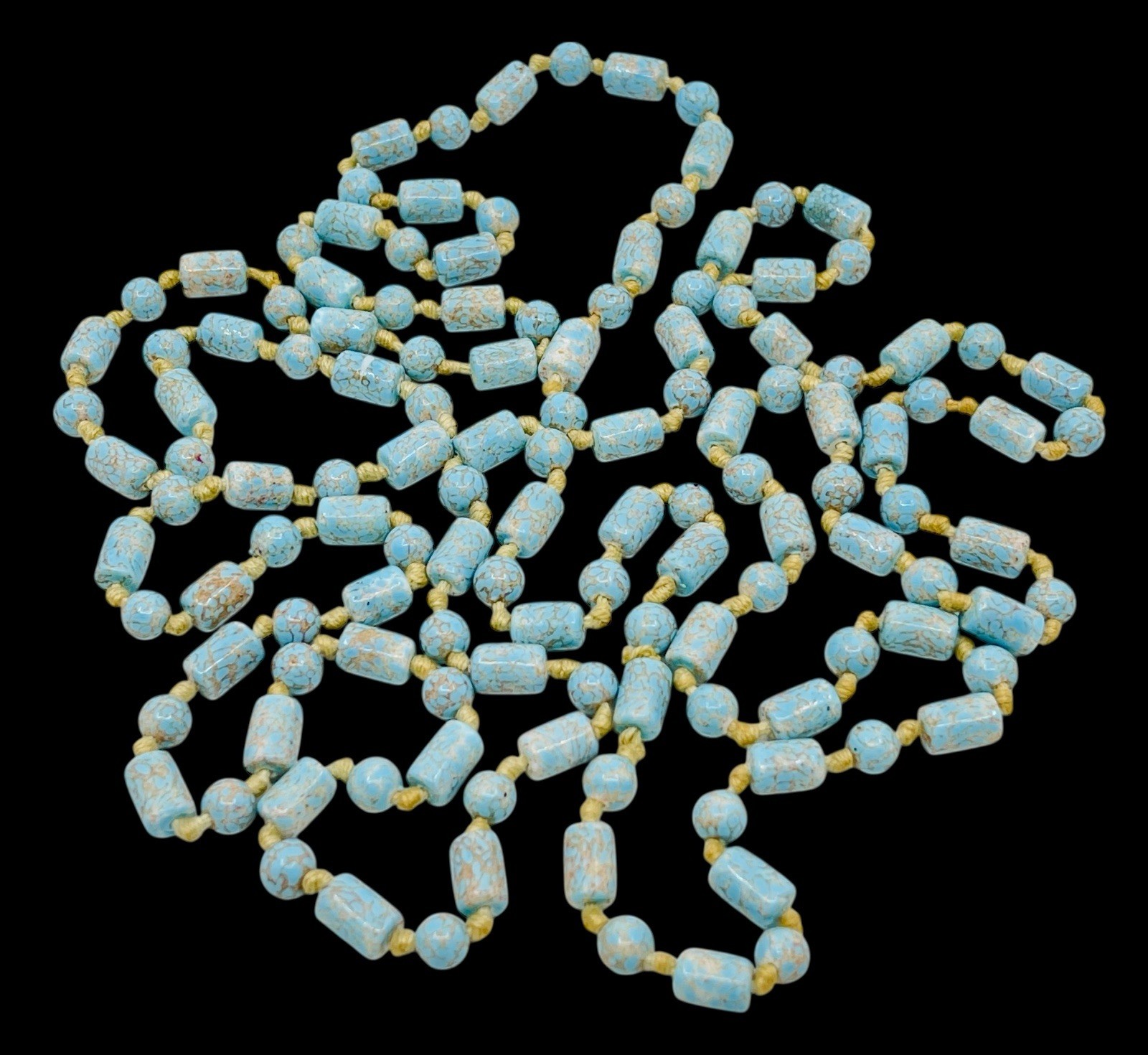 Long Antique Art Deco Circa 1920’s Robin’s Egg Blue Flapper Bead Necklace 60” L