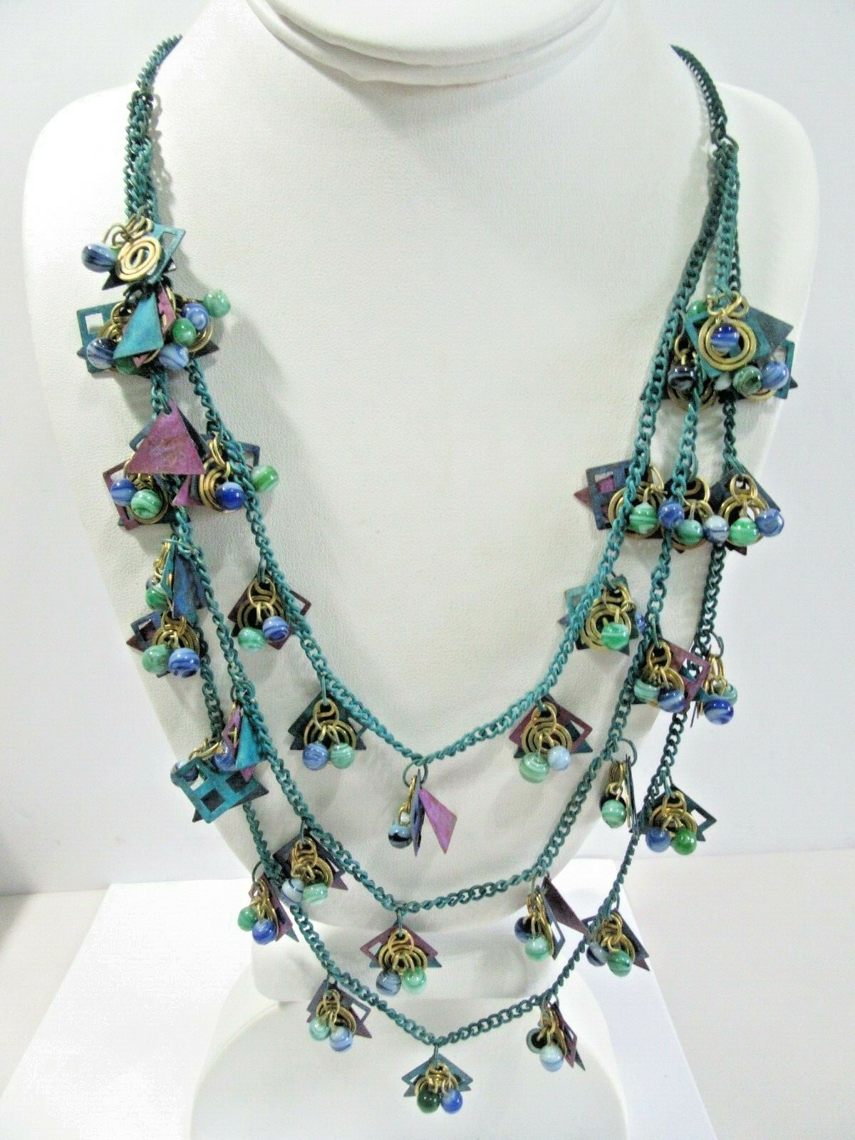 Oxidized Boho Necklace Blue Purple Dyed Metal and Glass Charms Dangles Vintage