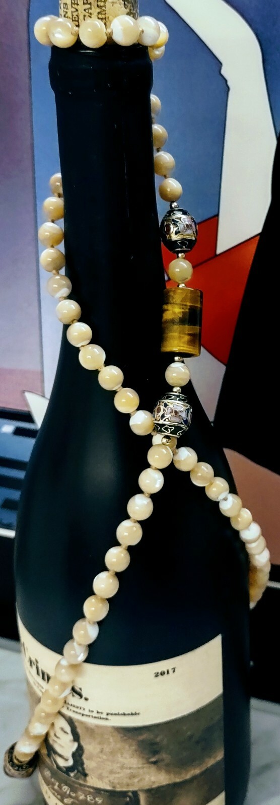 Vintage TIGER EYE Rutilated Jade Bead, Hand Knotted Silk Cloisonne 32″ Necklace