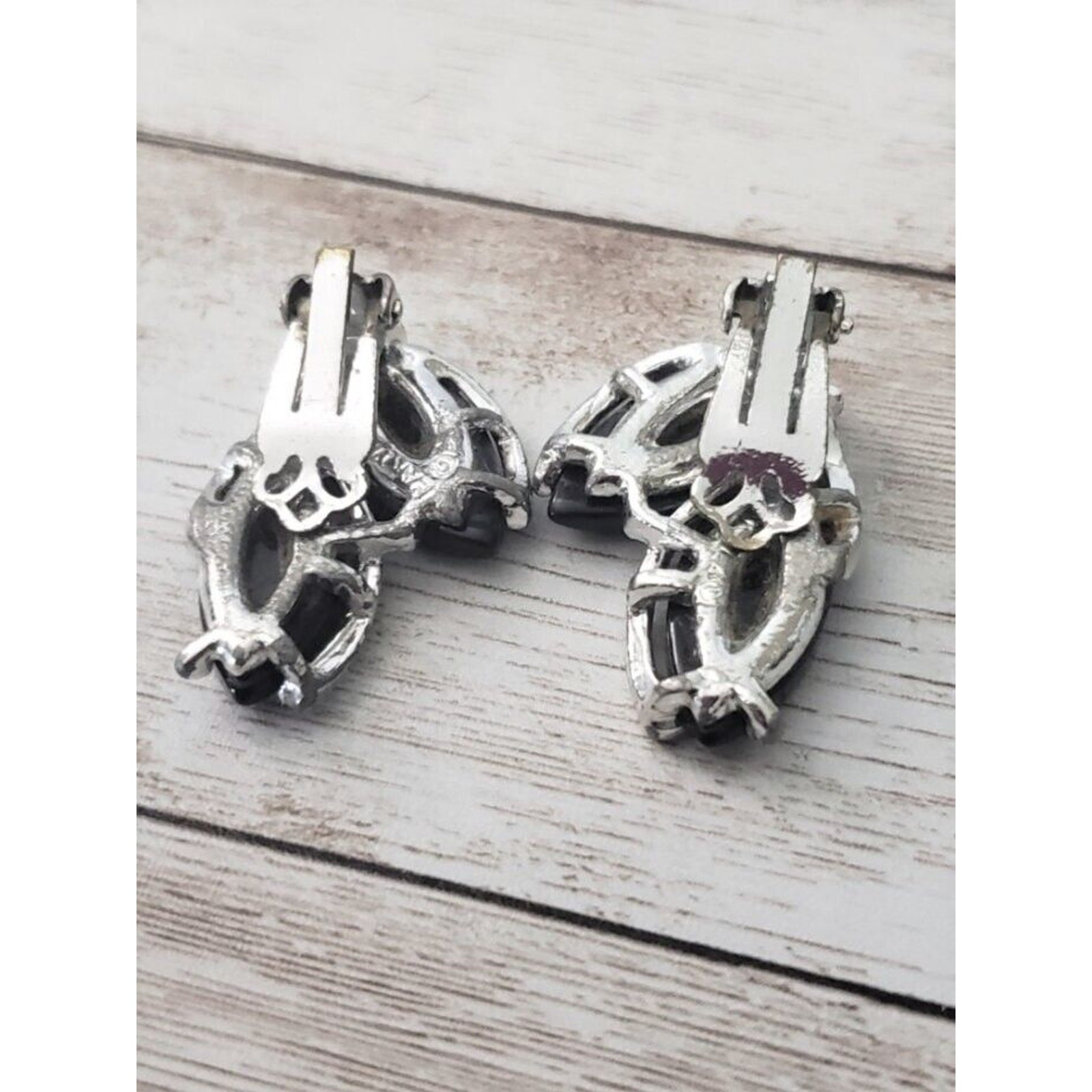 Vintage Clip On Earrings Black Leaves with Silver Tone – Statement