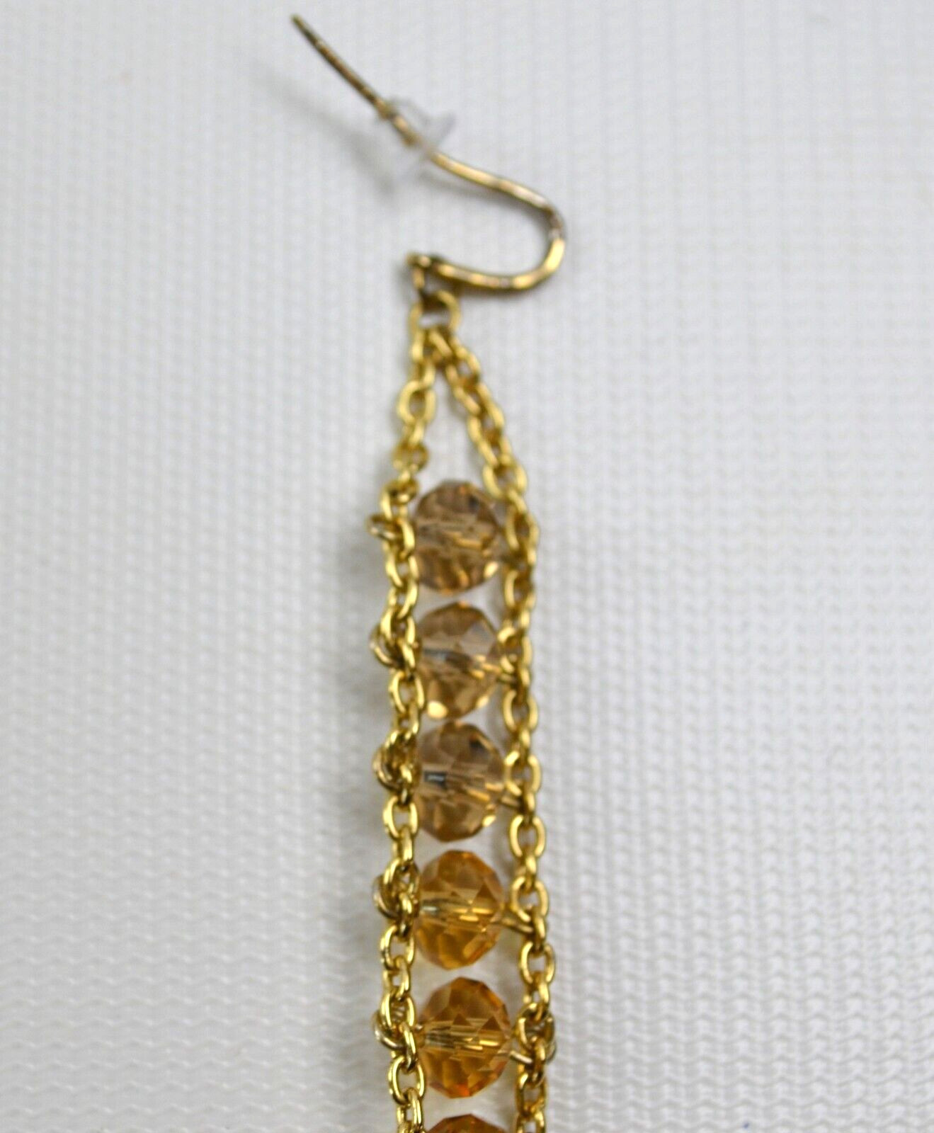 Gold Tone Dangle Pierced Hook Earrings Row of Gold Color Faceted Beads 4.5″