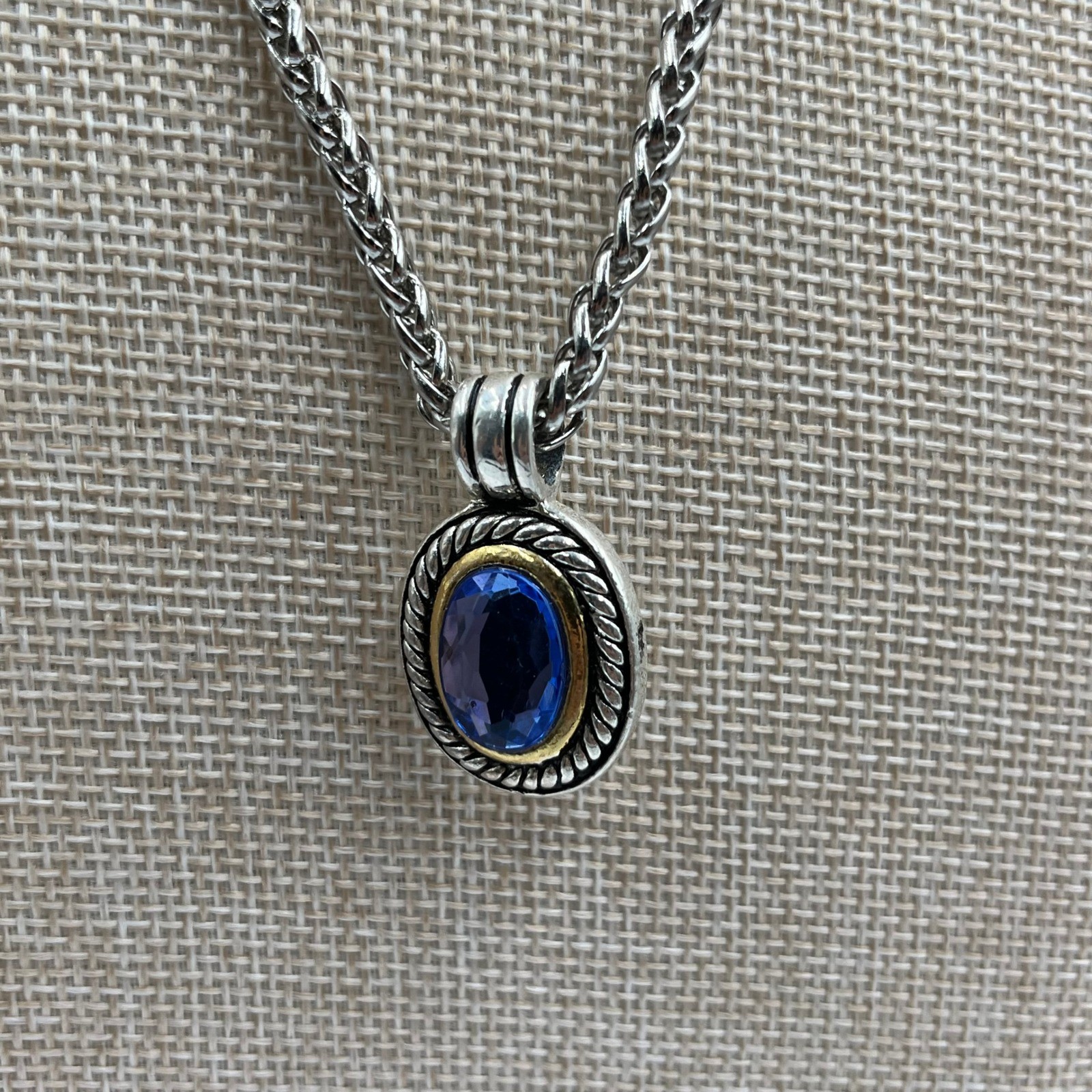 Vintage Silver Tone Wheat Chain Necklace Blue Glass Pendant Two-Tone Rope Accent