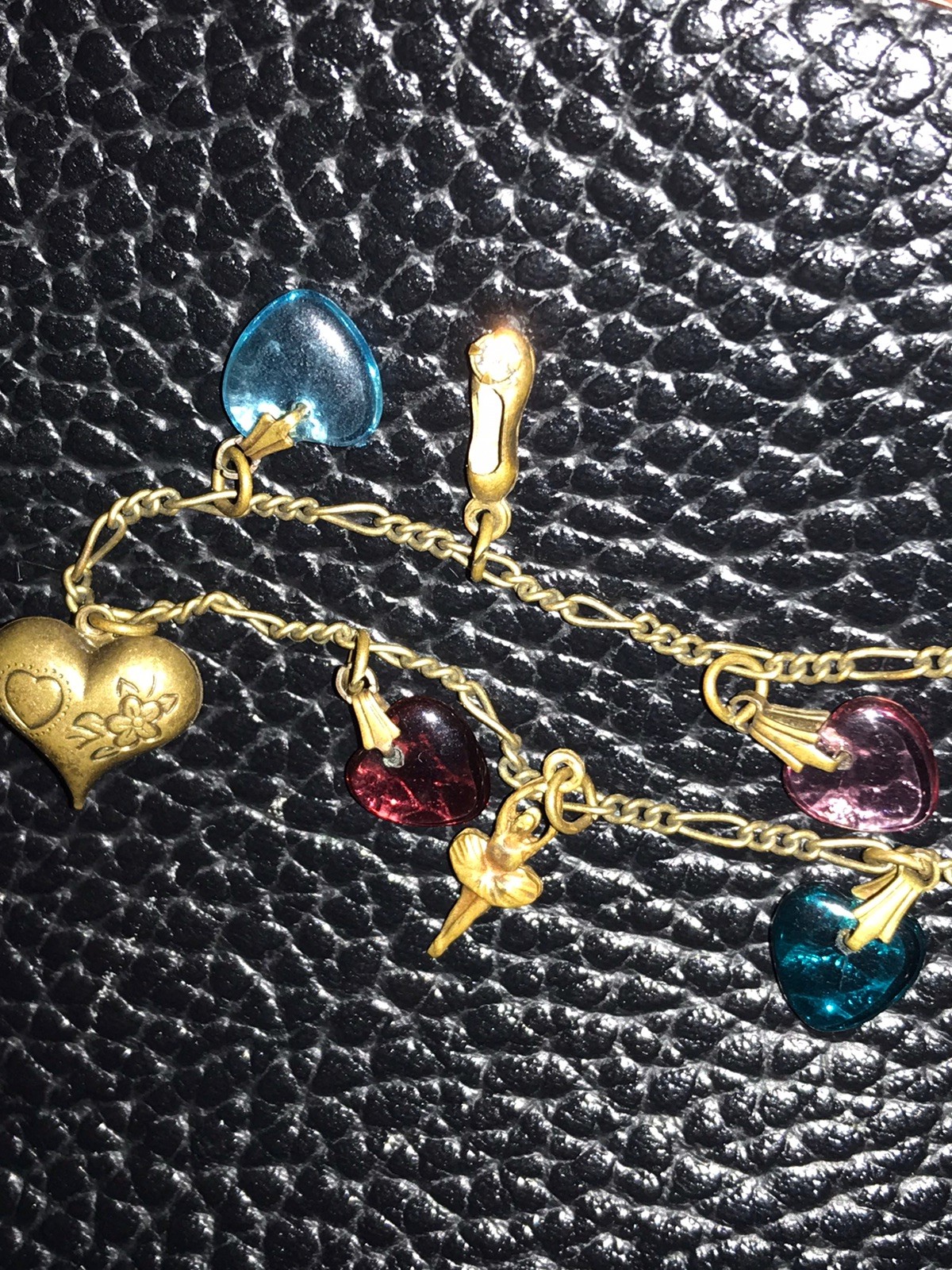 Vintage Glass Works Studio Charm Necklace Brass With Glass Hearts & brass Charms