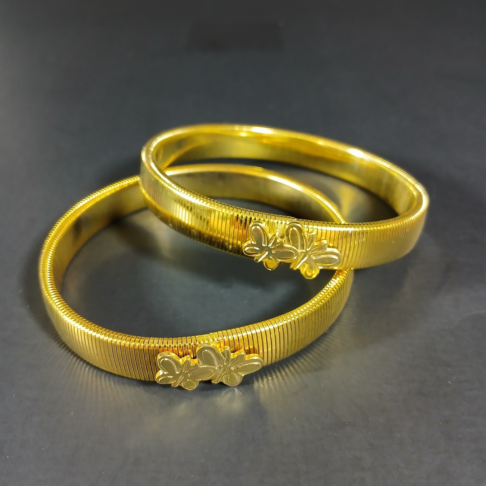 1960s Vintage Pair Cuff Rings with Butterflies Gold Tone Stretchy Statement