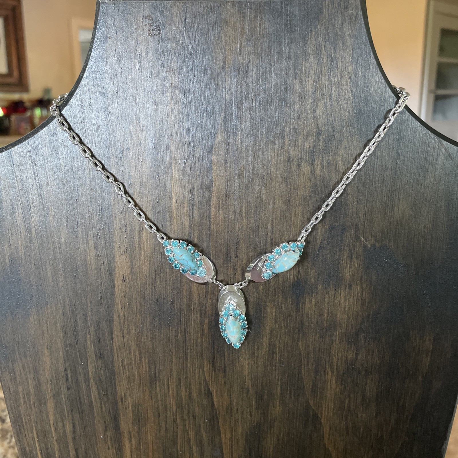 Vintage Rhinestone & Turquoise Silver Choker Necklace