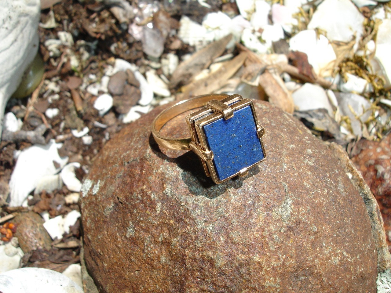 14K Gold Lapis Lazuli Signet Statement Ring Mid Century Deco two-tiered square 7