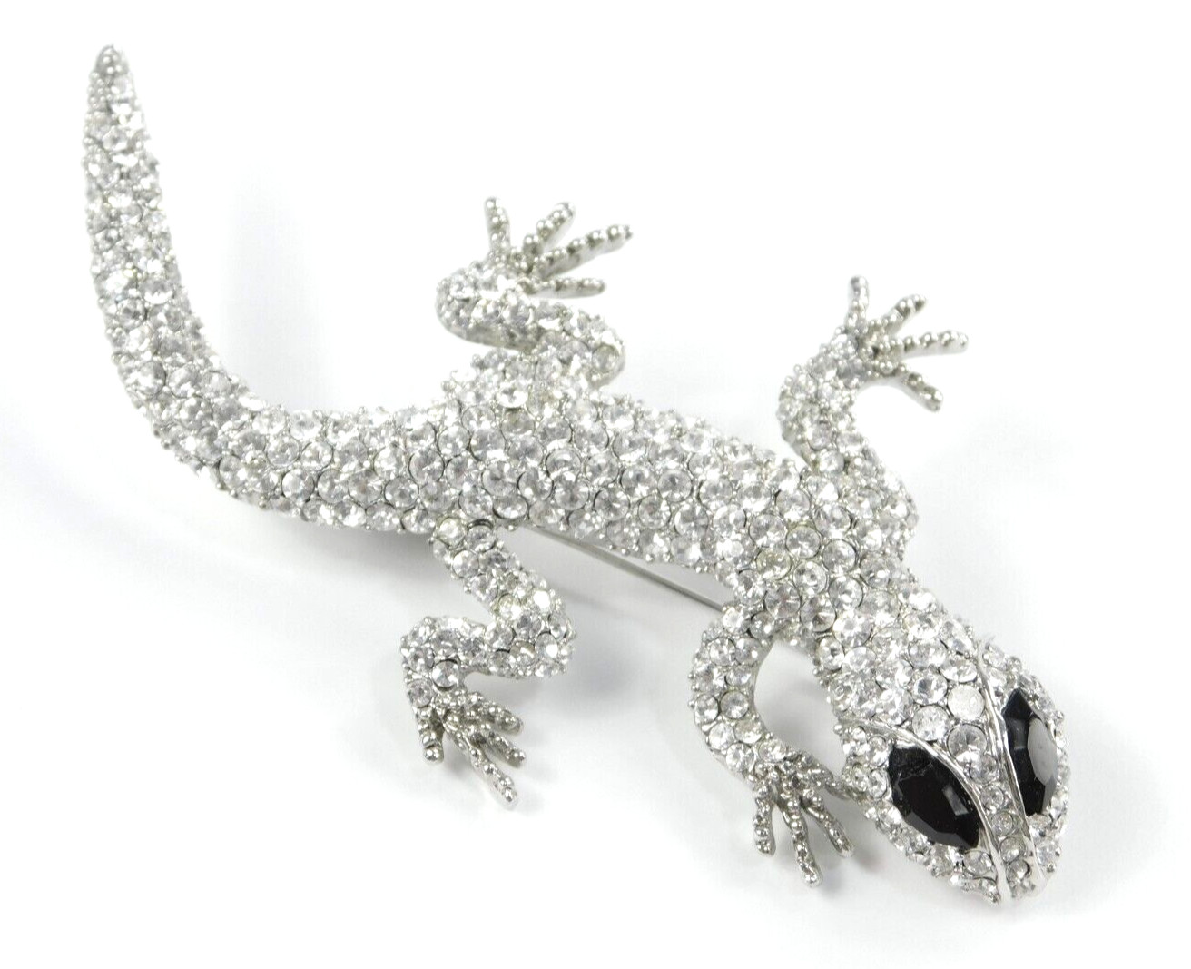 Vintage Clear Pave Glass Rhinestone Lizard Black Eyes Silver Tone Brooch Pin