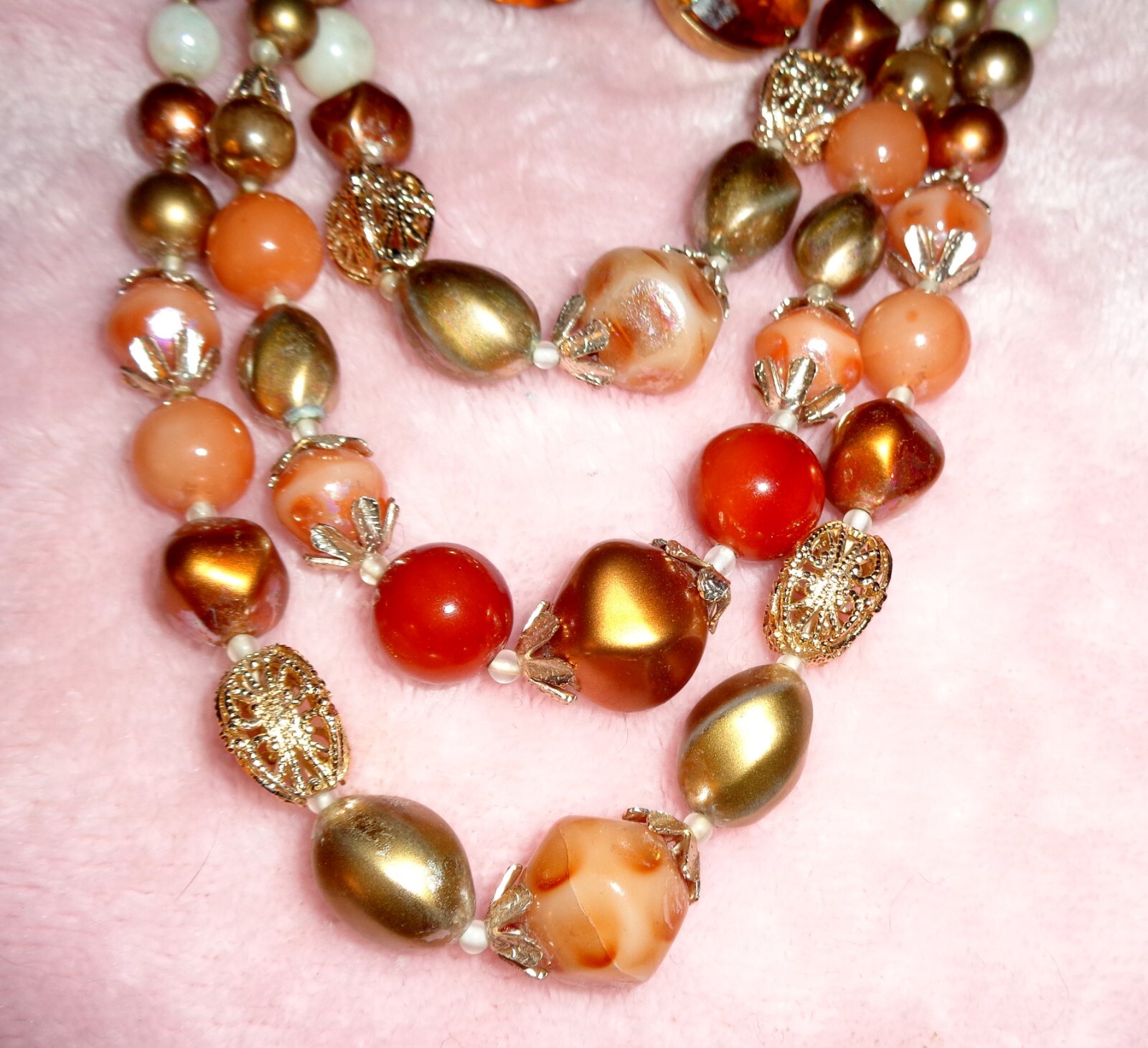 Vintage Brown Gold Red, Peach Triple Strand Beaded Choker Necklace Clip Earrings