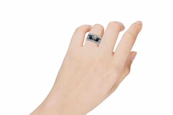 LARGE 1.52CT DIAMOND & BLACK ENAMEL 18K WHITE GOLD MULTI FLOWER ANNIVERSARY RING