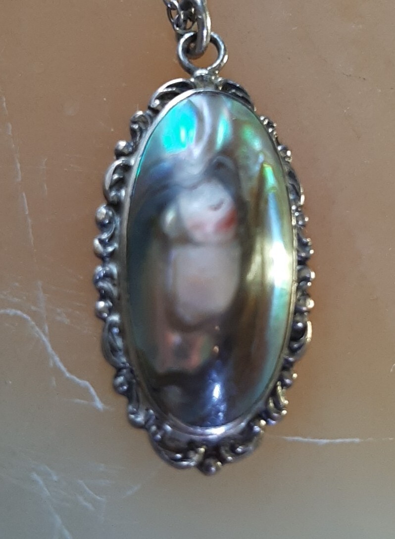 Vintg Pendant Necklace Blister Pearl Spiny Oyster Abalone Art Nouveau “STERLING”