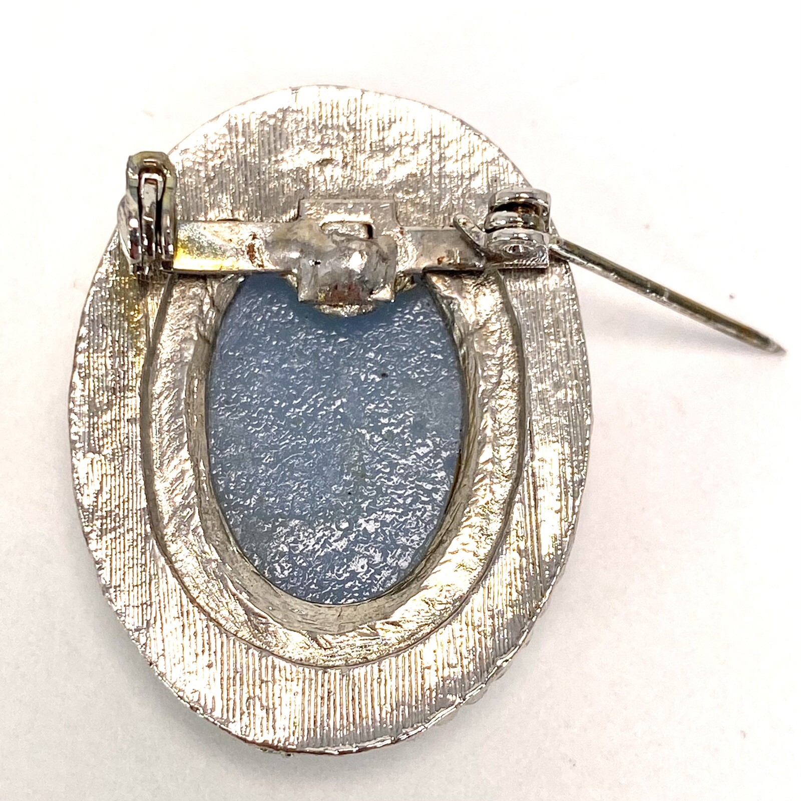 Vintage Tacoa Blue CAMEO Silvertone Oval Brooch Pin in Original Box
