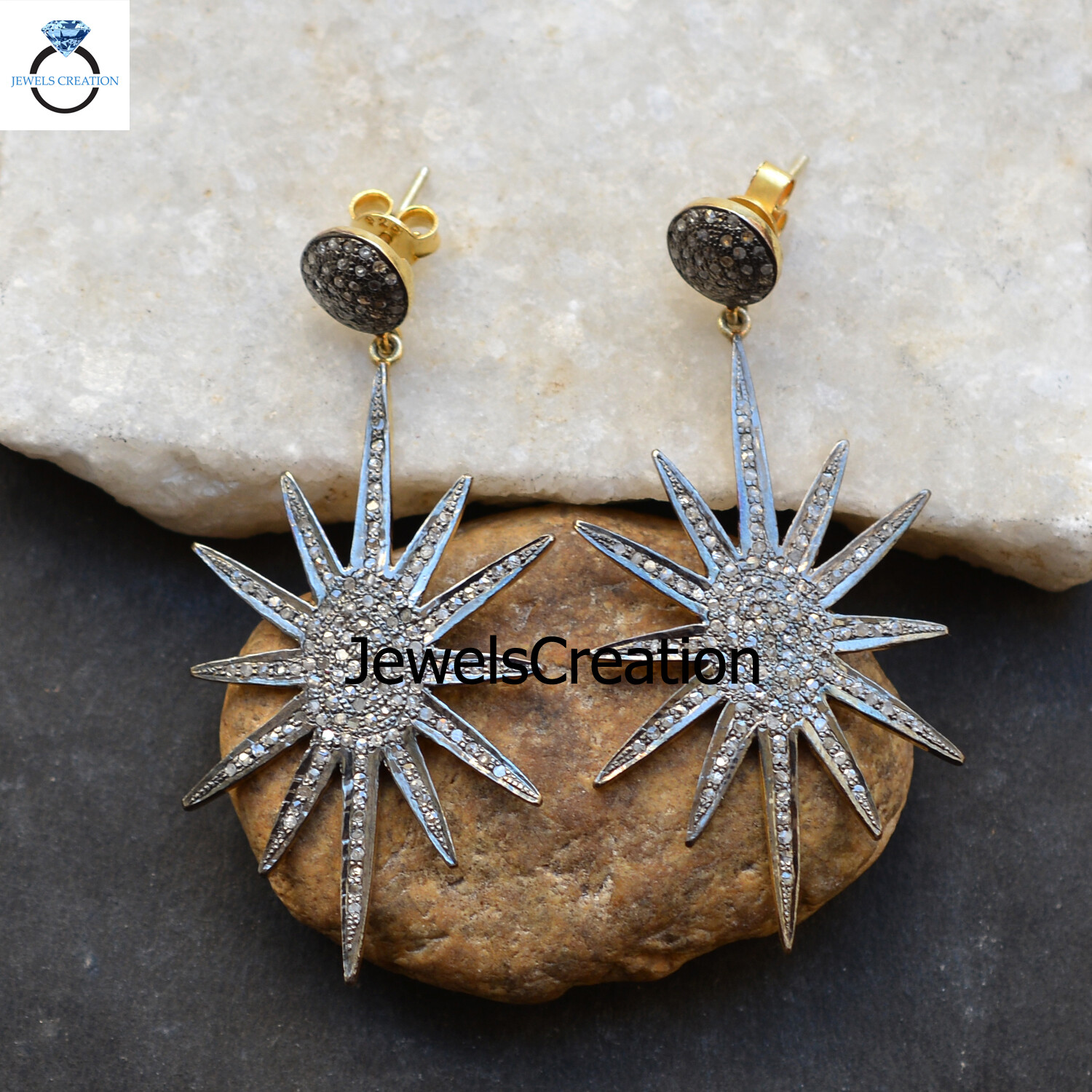 Genuine Pave Diamond 925 Silver Earrings Yellow Gold Vermeil Star Shape Jewelry