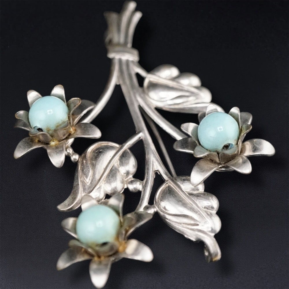 Vintage Floral Bouquet 3.5 in Brooch Blue Bead Silver Tone Statement Pin Retro
