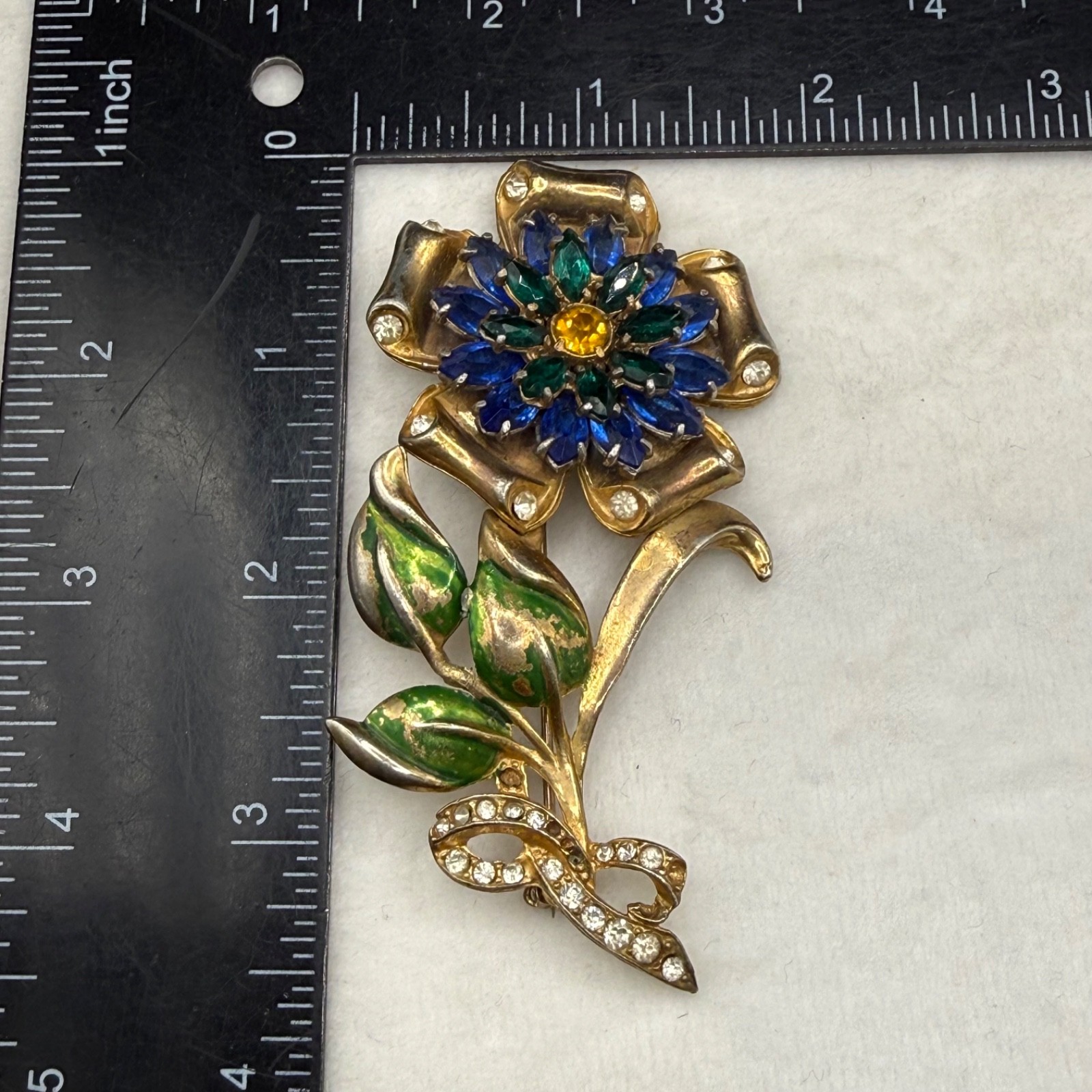 Vintage Pot Metal Brooch Rhinestone Blue Green Flower Gold Tone Enamel READ
