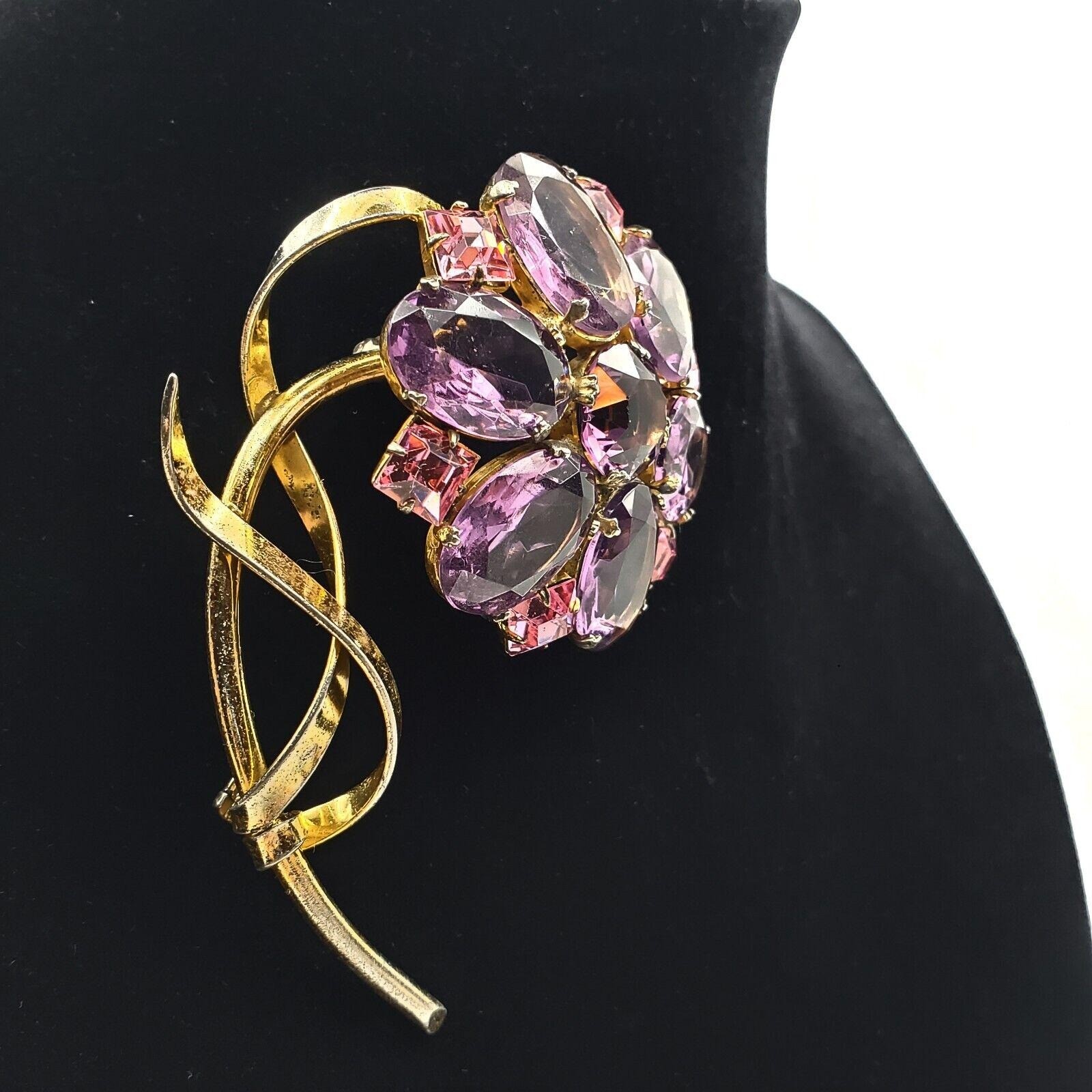 Flower Brooch Gold Vermeil Sterling Silver Pin Purple Glass Pink Rhinestone 40s