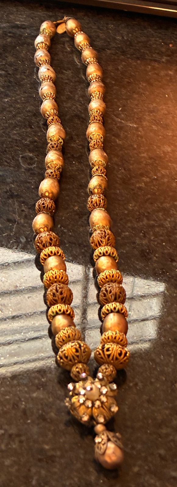Faux pearl Miriam Haskell necklace with beautiful pendent signed tag, for repair