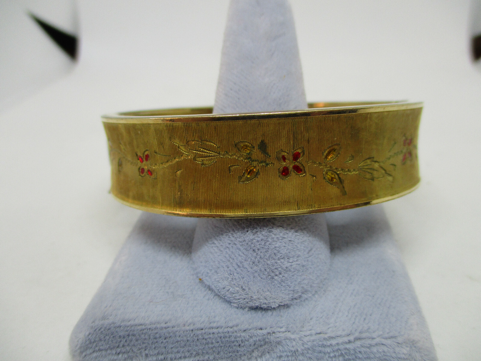 1/20 12K Gold Filled GF RINE Signed Hinged Bangle Bracelet ENAMEL Floral Design