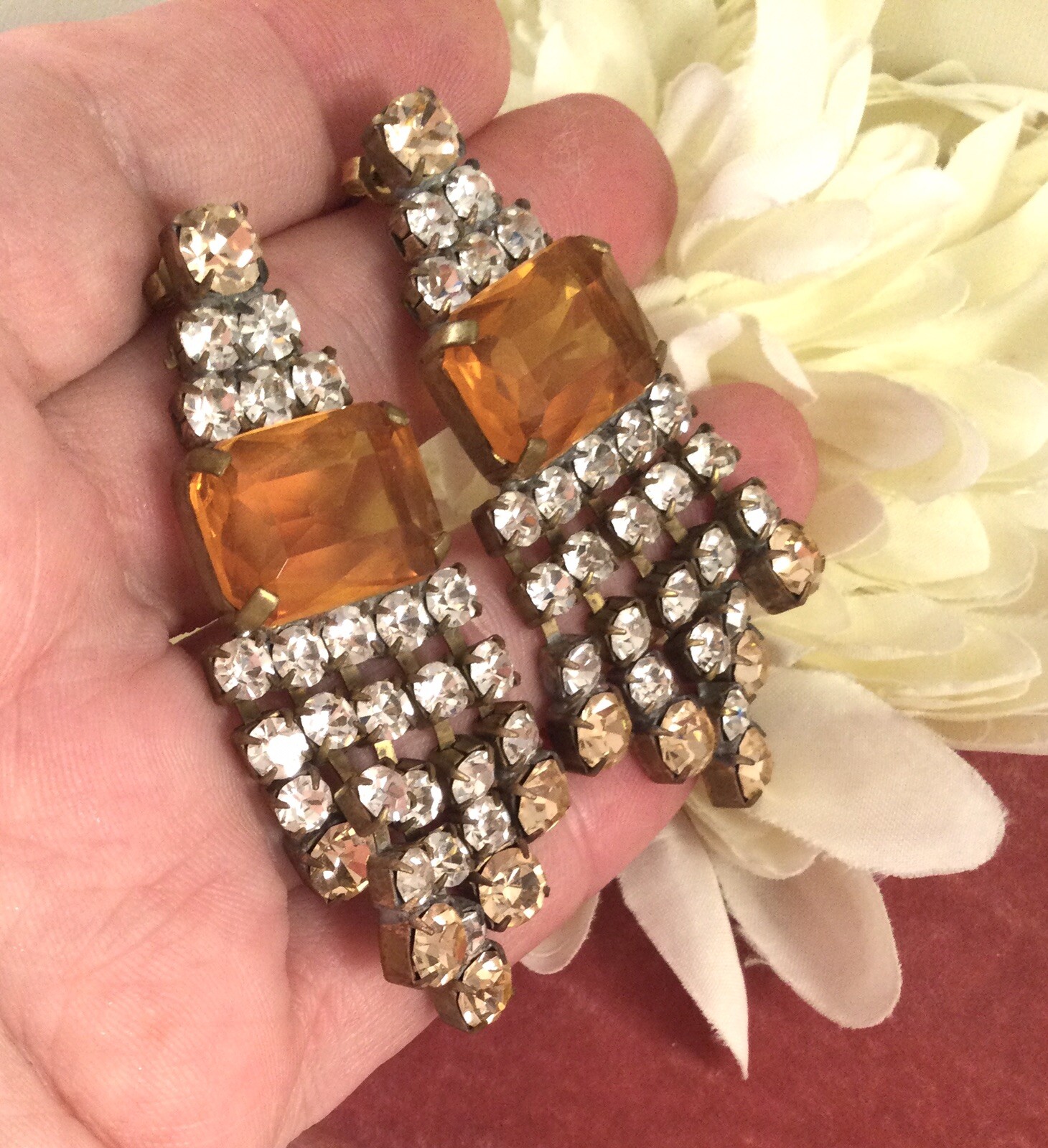 Vintage Jewellery Czech Earrings Champagne White Crystal Gold Antique Jewelry
