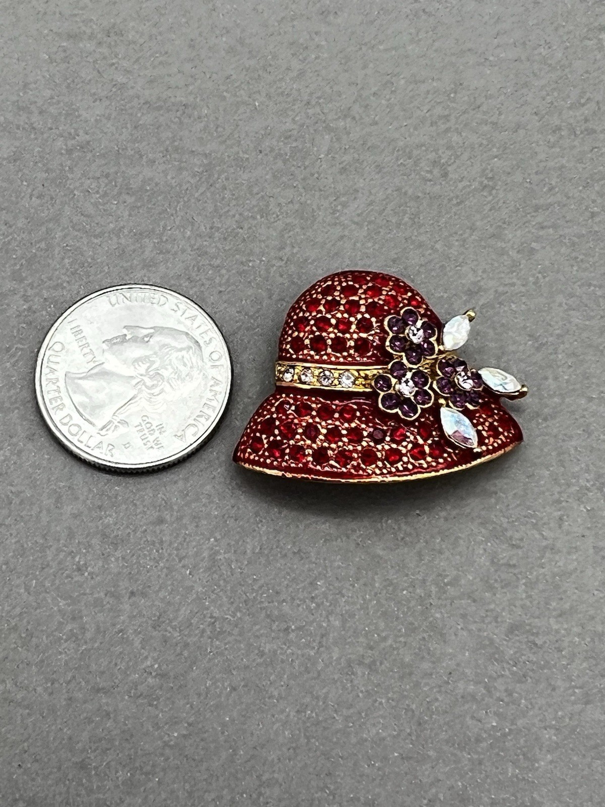 Vintage Red Hat Brooch Red Rhinestone Purple Flower Pin