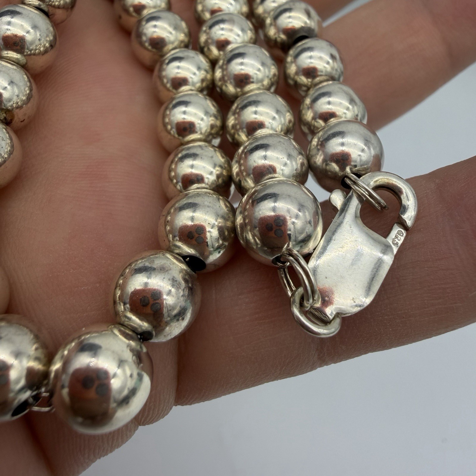 Vintage Sterling Silver Ball Bead Necklace 8.2mm Hallow Beads 17.5 “ 26.6 Gr