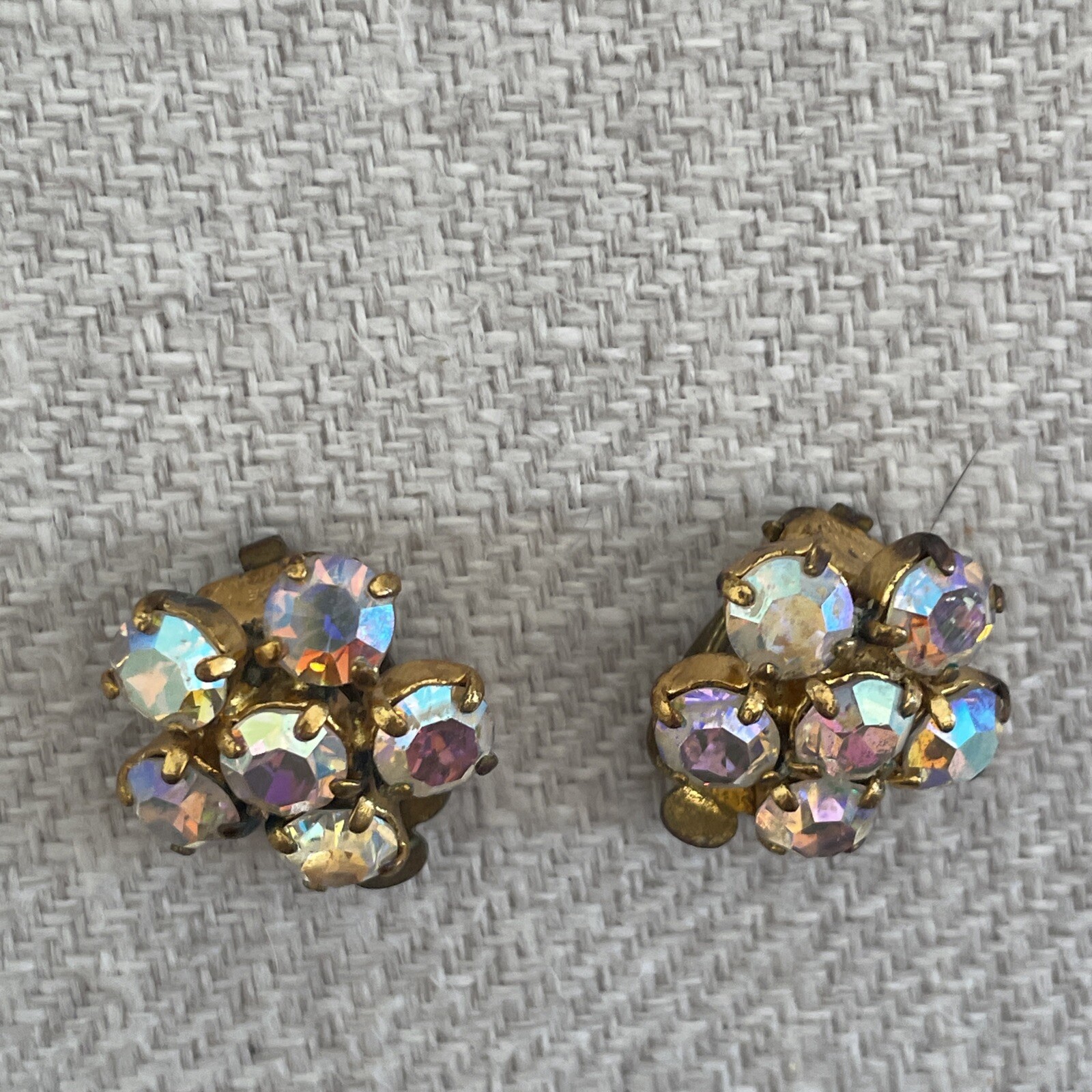 Vintage Floral Cluster Rhinestone Crystal Clip On Earrings Aurora Borealis