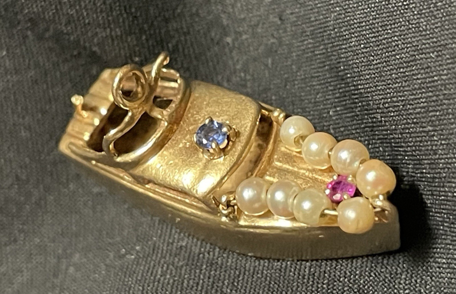 1955 Antique 14k Solid Yellow Gold Boat Charm Pendant Ruby Sapphire Pearls RARE