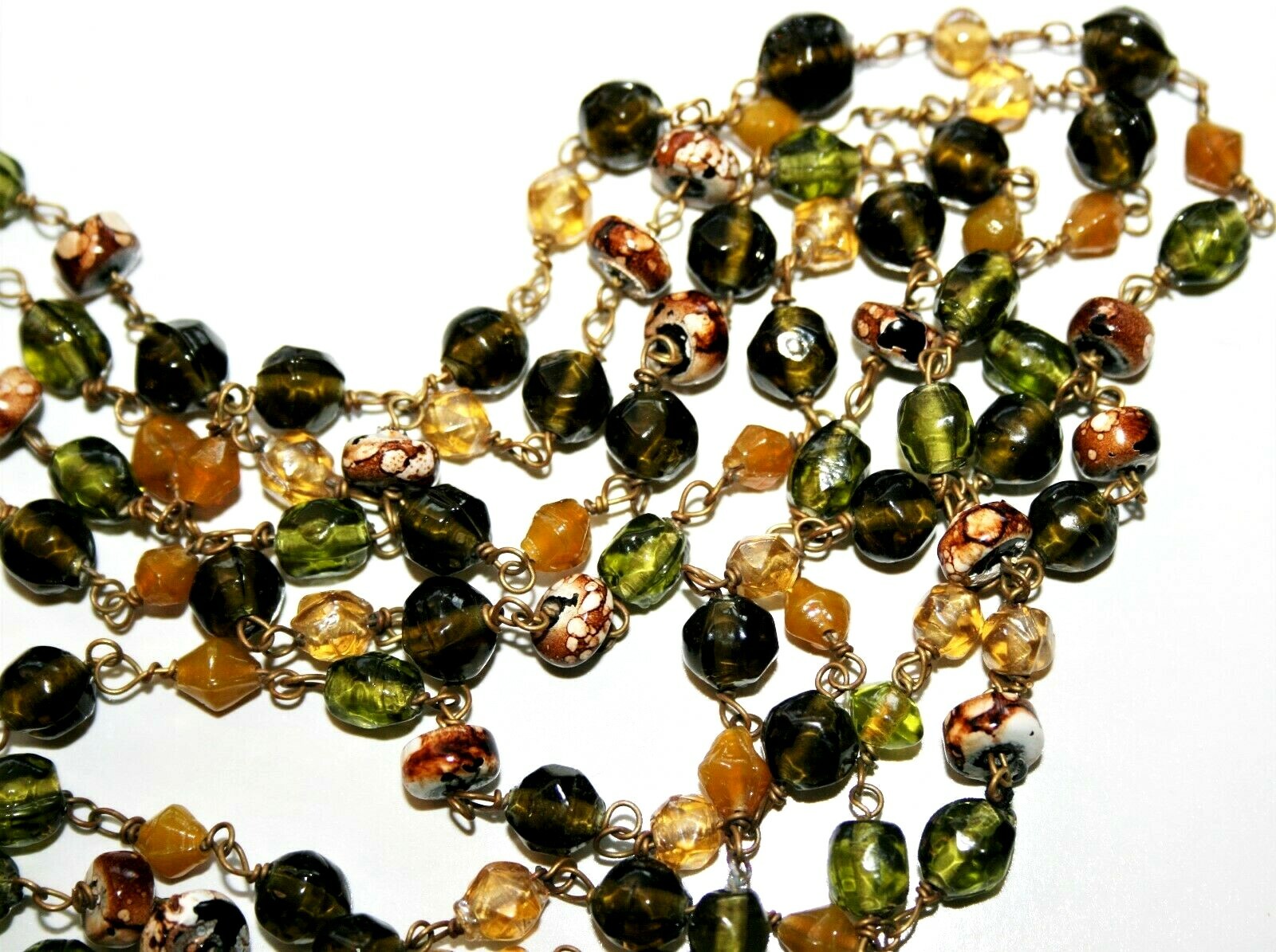 Pretty Antique Earthtones Multi-shape Molded Glass Beads Hand Wired 62″ Necklace