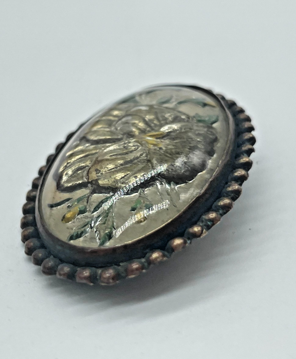 Antique Victorian Goofus Glass Iridescent Pansy flower Brass c-clasp brooch