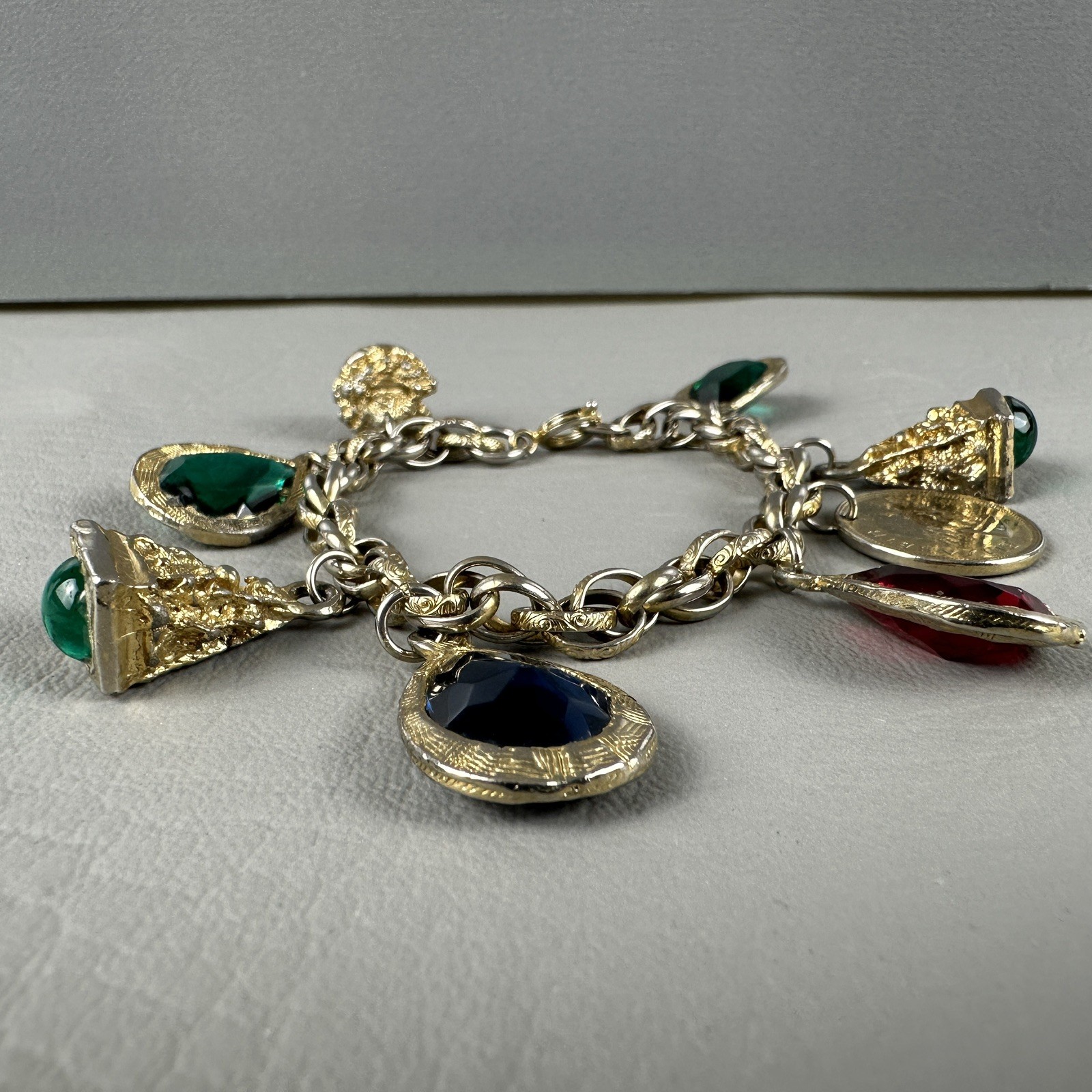 Vintage Charm Bracelet Gold Tone Glass Charms South Africa Coin 6.5″