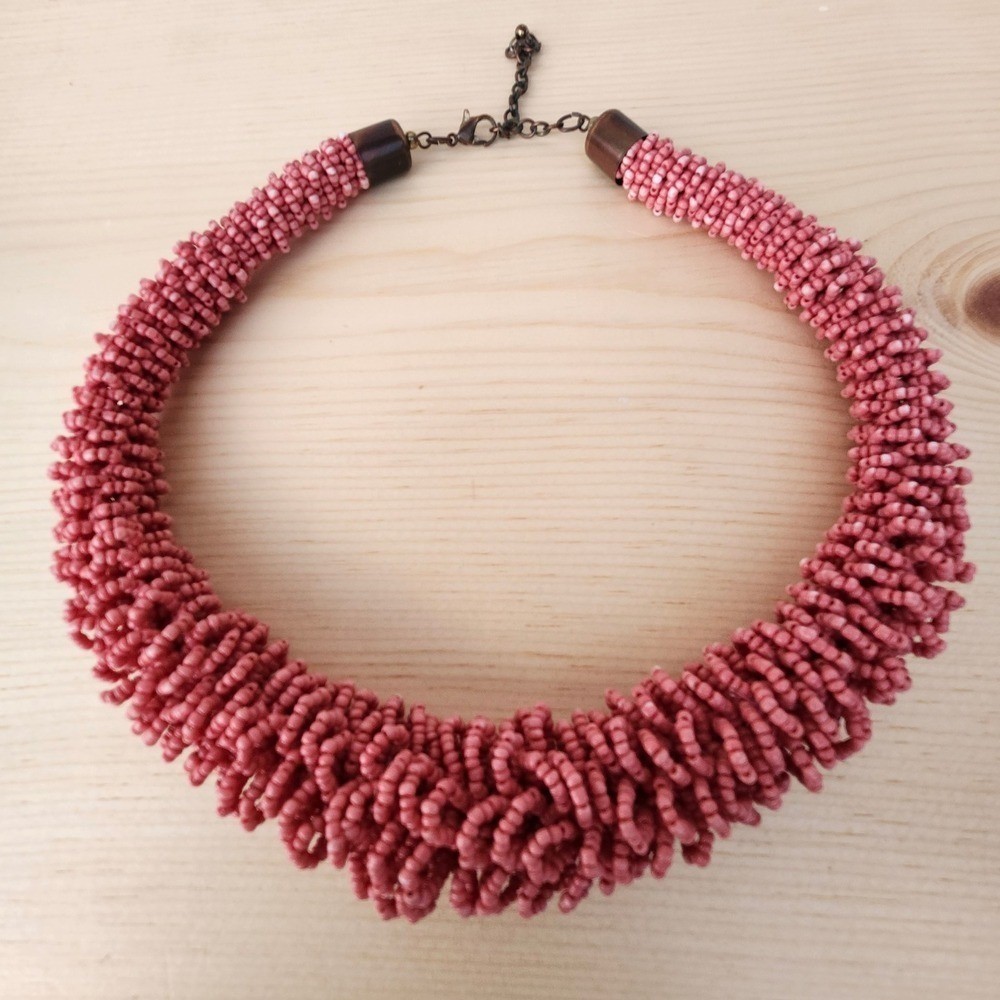 Vintage Style Beaded Statement Necklace – Pink/Coral Tone – Chunky Multi-Strand