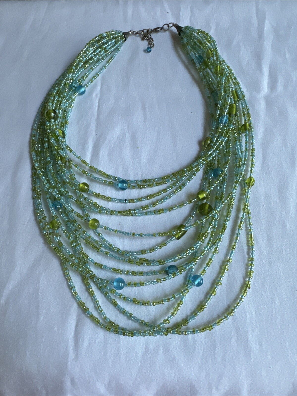 Vintage Seed Bead Multi Strand Wrap Statement Necklace Green, Blue, 22