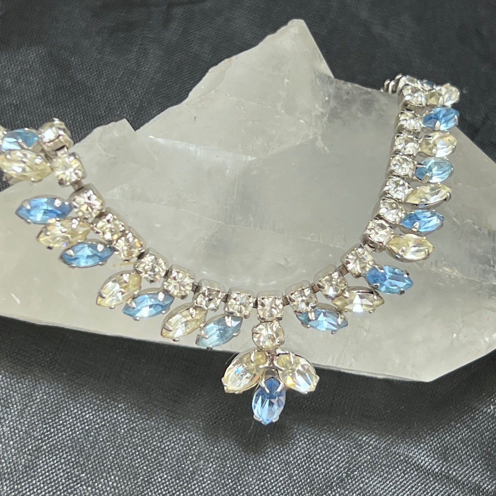 Vintage Blue Yellow Rhinestone Choker Necklace Silver Tone Marquise Bib 16.5in