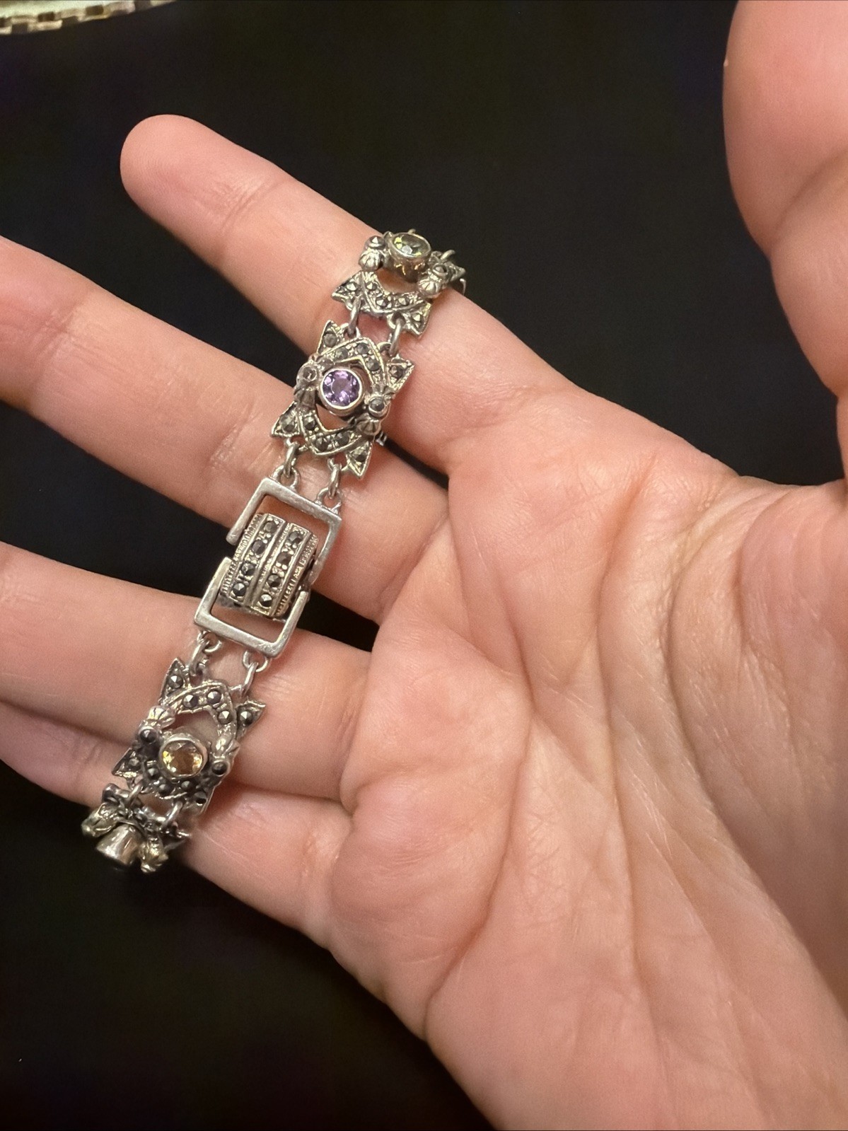 925Sterling Silver Multigemstone Marcasite Vintage Tennis Bracelet And Ring Set