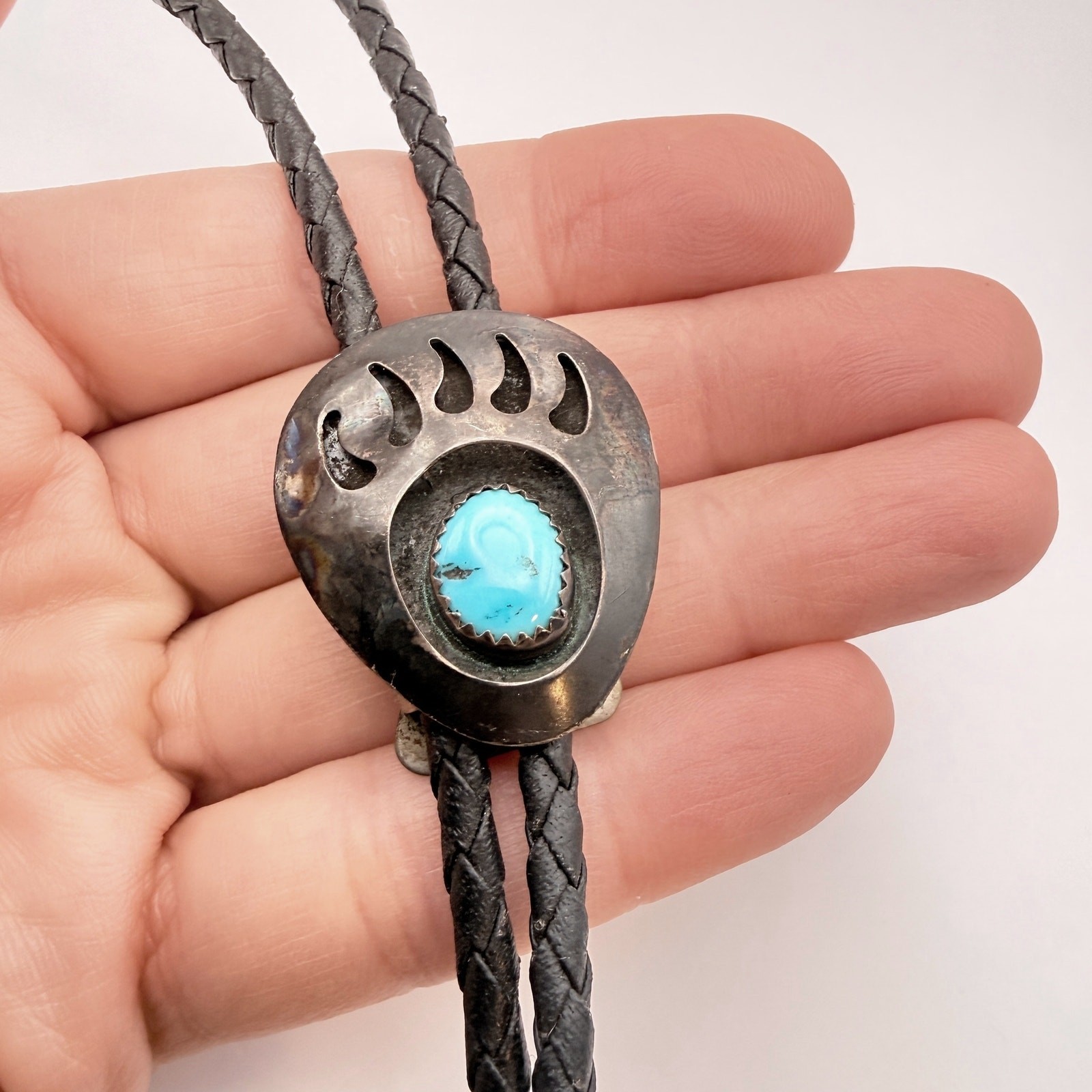 Sterling Silver Turquoise Bear Claw Paw Bolo Tie Southwest Native Shadowbox