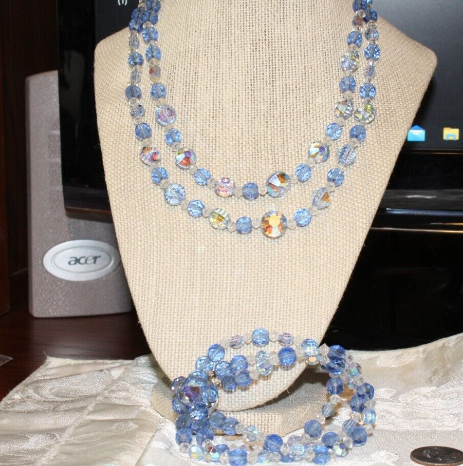 VTG AB BLUE 2 STRAND FACTED GLASS BEAD NECKLACE, BRACLET&CLUSTER CLIPS