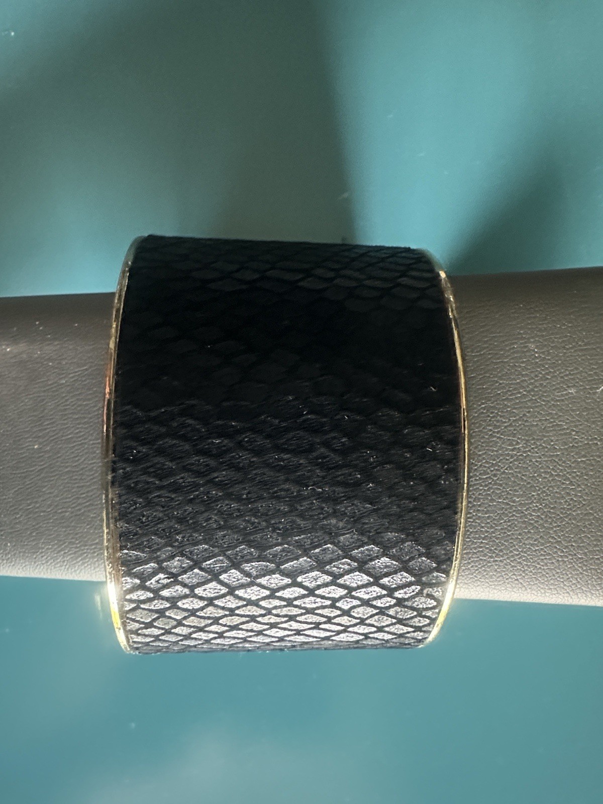 Faux black leather and rhinestone bangle cuff bracelet with gold color trim VTG