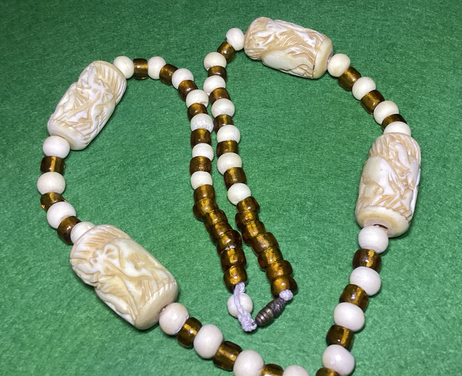 Vintage Elephant Theme Carved Bovine Bone & Amber Glass Beads 27” Necklace