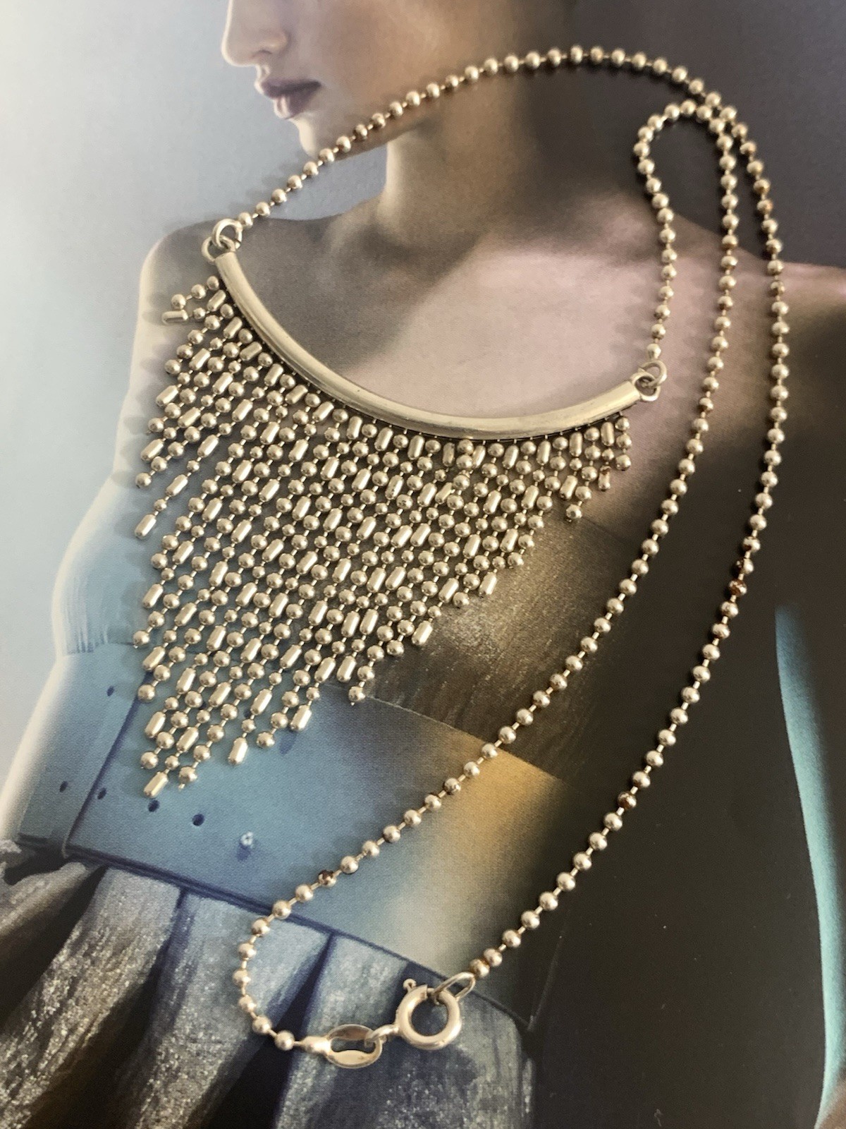 925 Sterling Silv Beaded Chain Cascading Fringe Bib Necklace Signed ATI Italy