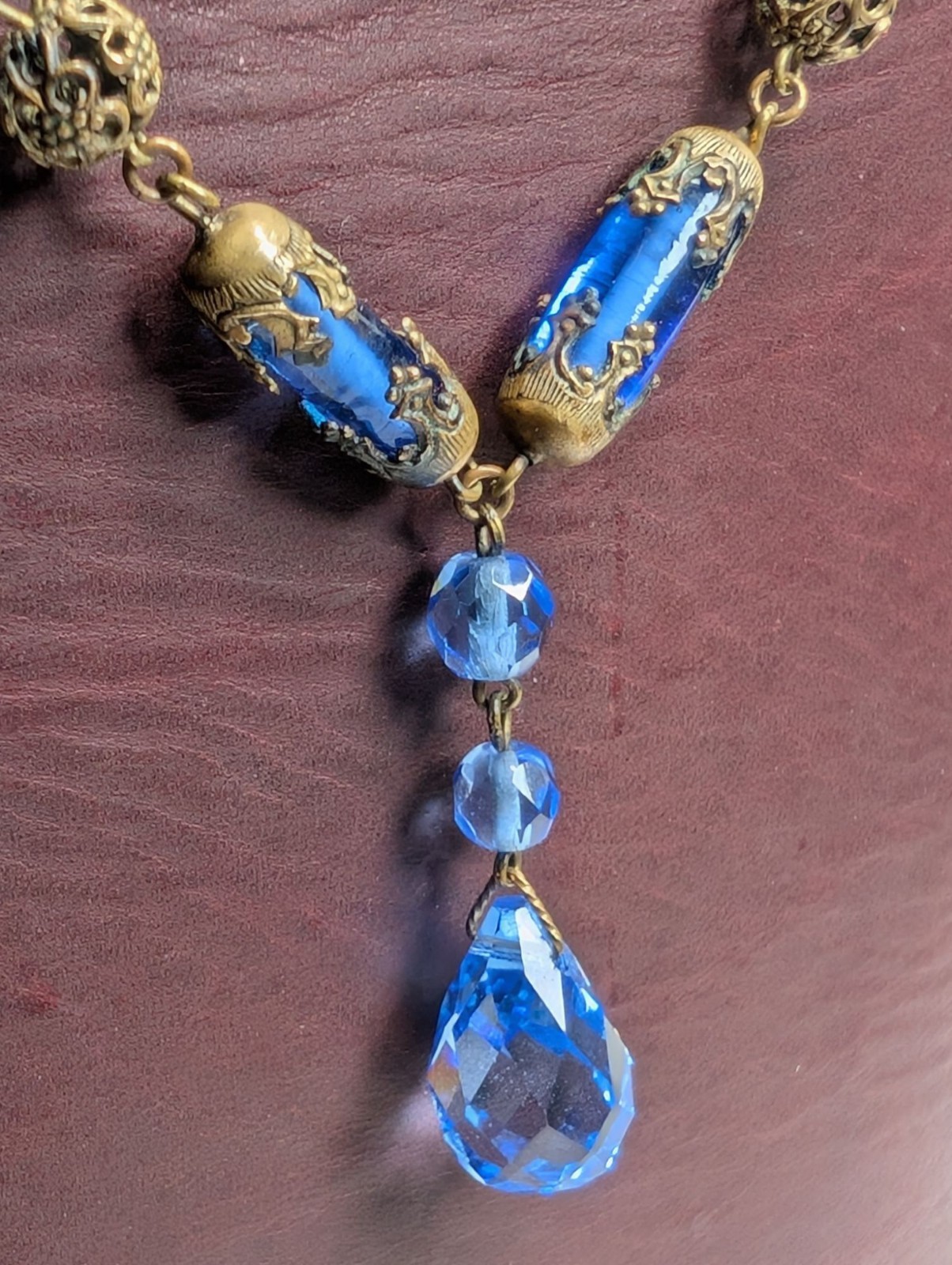 Czech Glass Necklace Blue Lozenge Art Deco Drop Pendant Faceted Filigree