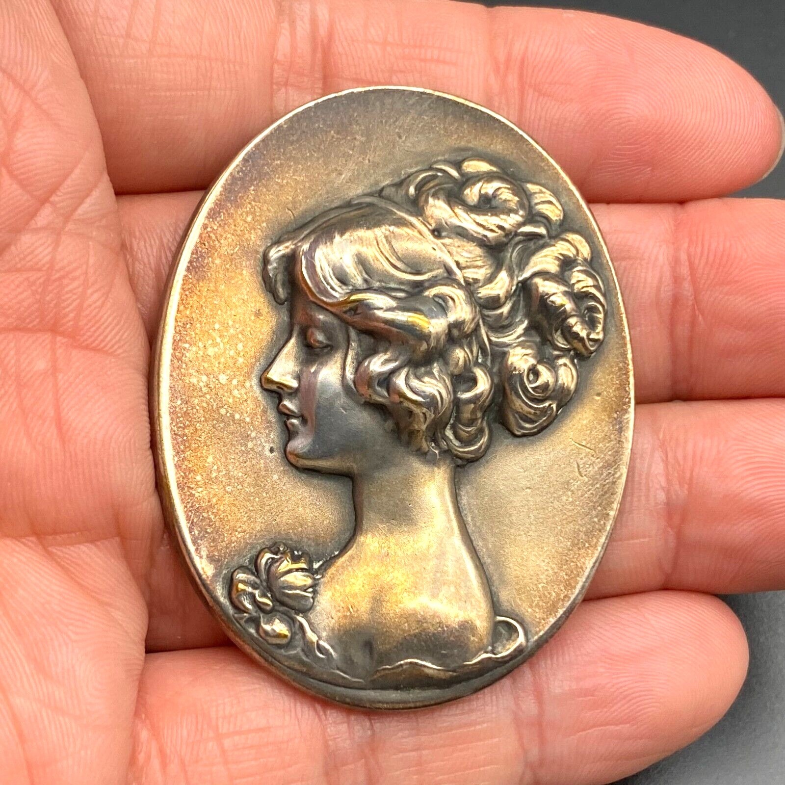 Vintage Art Nouveau Cameo Lady Portrait Oval Silver Pin Brooch