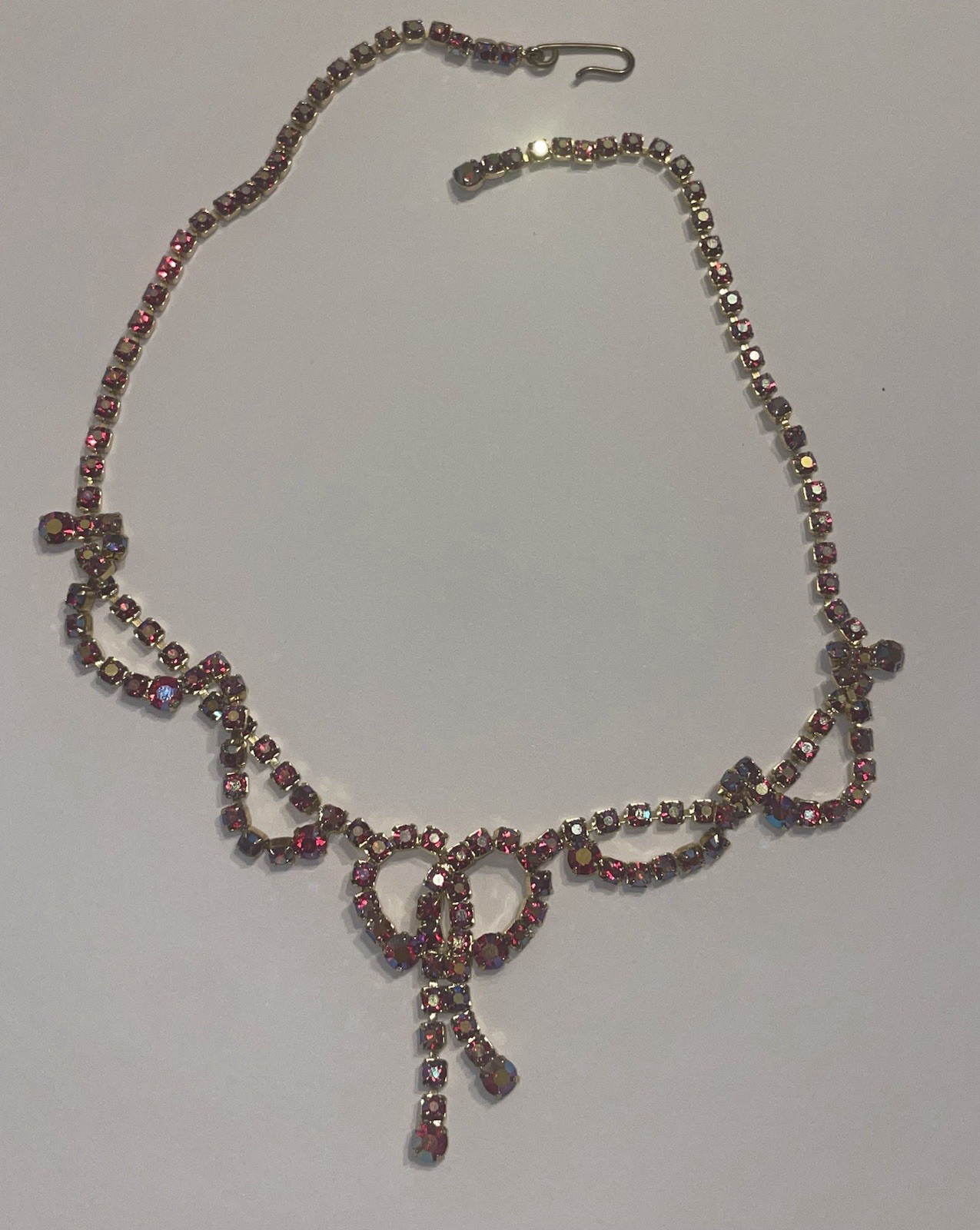 Vintage Red AB Rhinestone Necklace Mid Century Gold Tone Statement Piece Bow