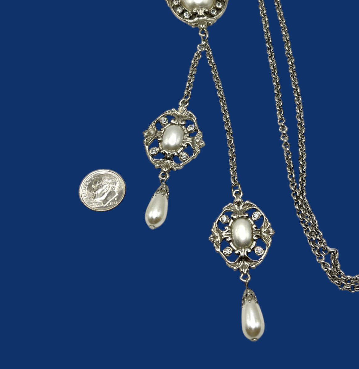 Vintage Y Drop Necklace Imitation Pearl Cabochon Dangle Charm Victorian Style