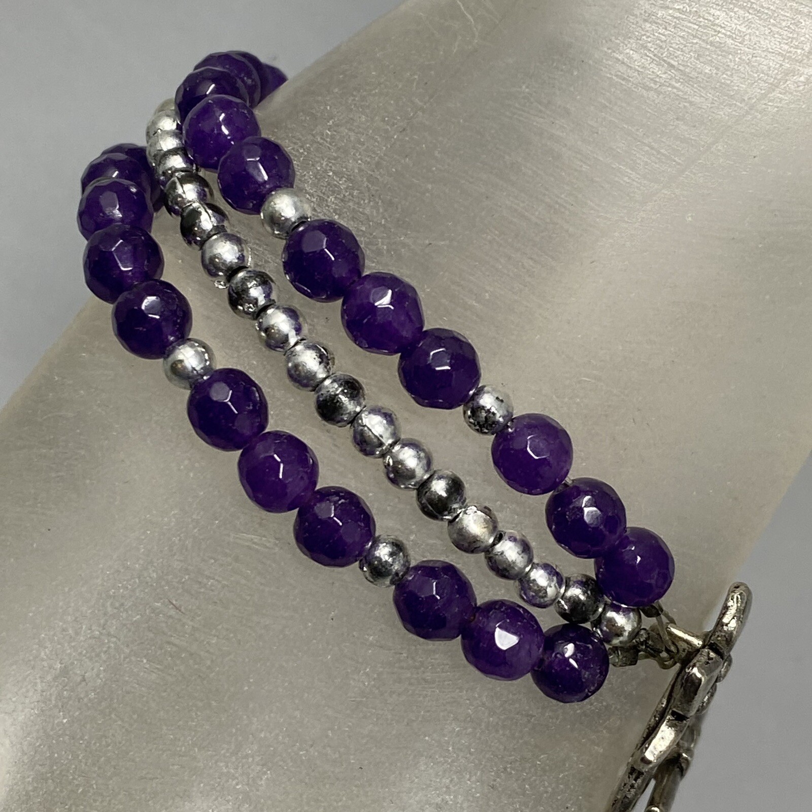 Amethyst Bracelet Purple Gemstone Faceted Stone Beads Layered Flower Toggle 6.75