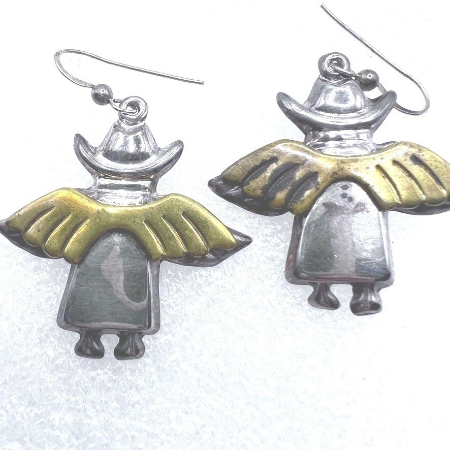 Vtg Sterling Silver Mexico Cowboy Angel Dangle Earrings Two Tone Wings Hat